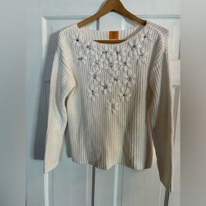 White Floral Knit Sweater by Ruby Rd Size Petite Large